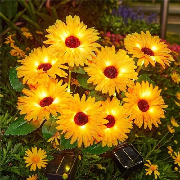 4 Pack Solar Lights with 16 Glowing Daisy Flowers & Stems Garden Decor - Picture 1 of 6